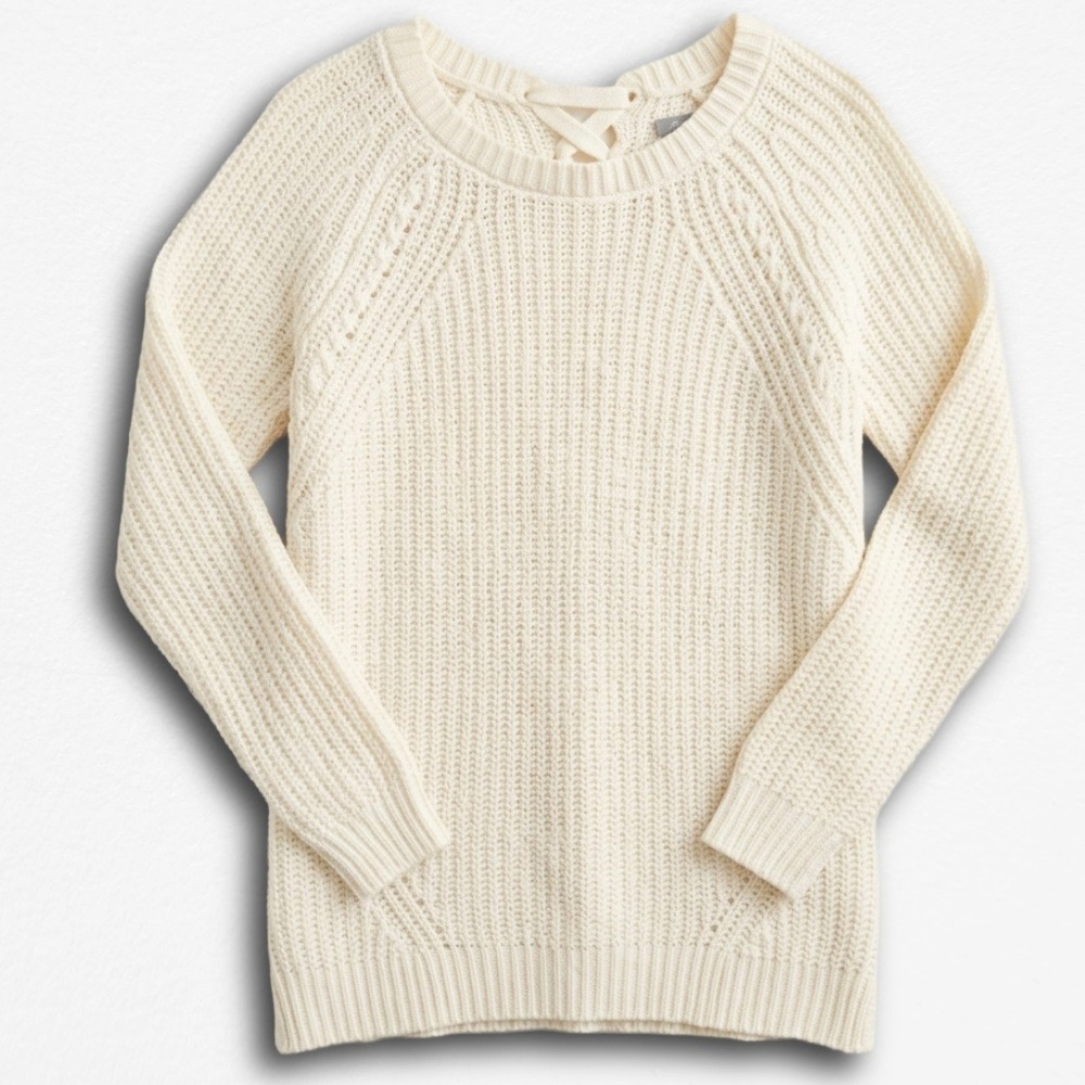 Aerie Cream Lace Up Back Chunky Knit Shaker Sweater Womens Medium Off White